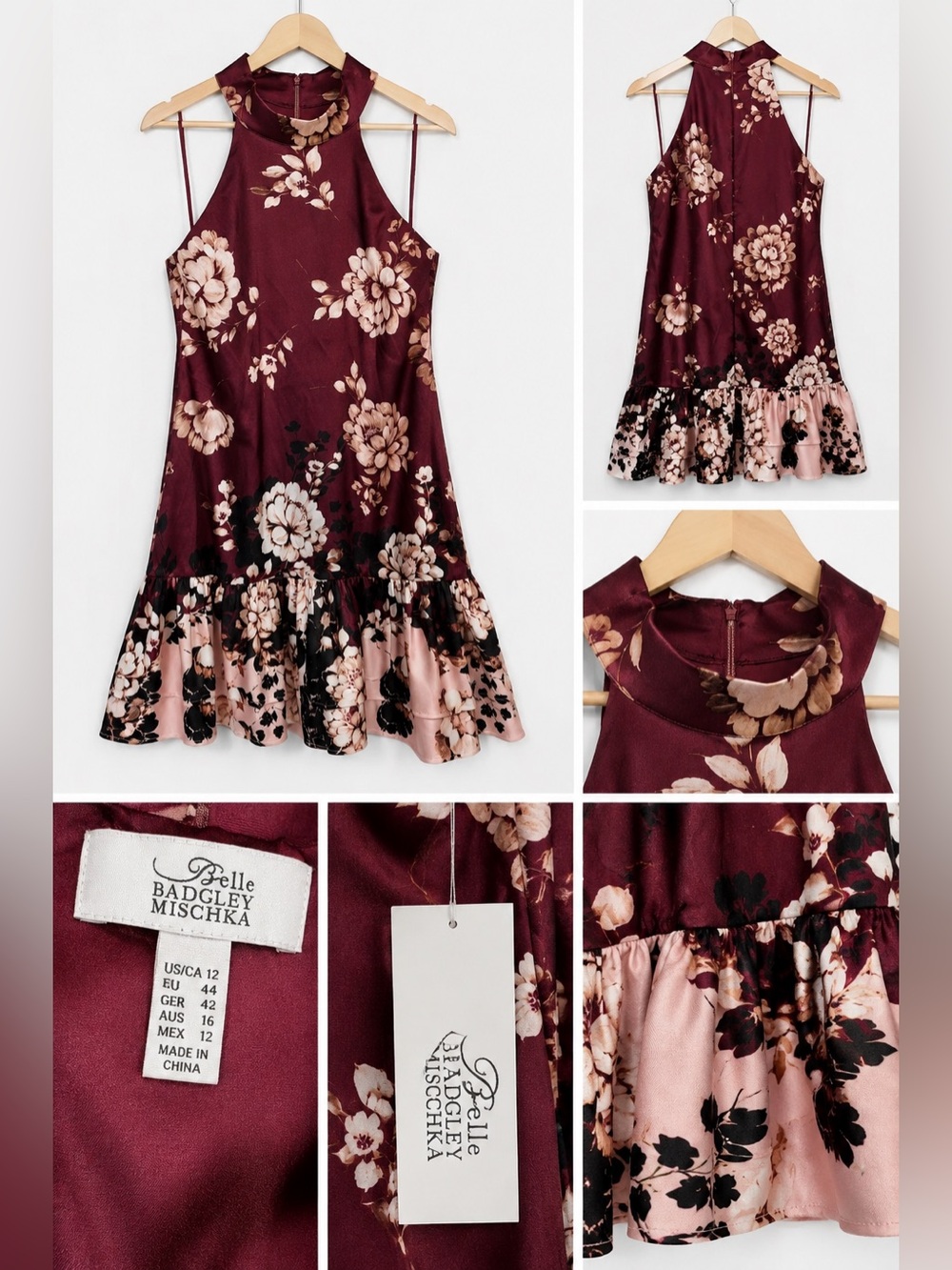 NWT Belle Badgley Mischka Floral Halter Cocktail Dress Size 12 Burgundy Pink